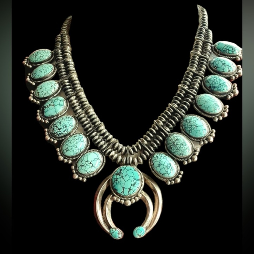 Authentic Navajo Esther Wood Sterling Silver Turquoise Squash Blossom Necklace - Picture 4 of 12